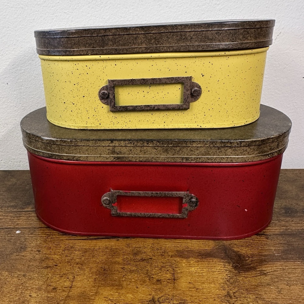 Vintage Style Oval Metal Nesting Tins Red Yellow Speckled Storage Boxes Set of 2